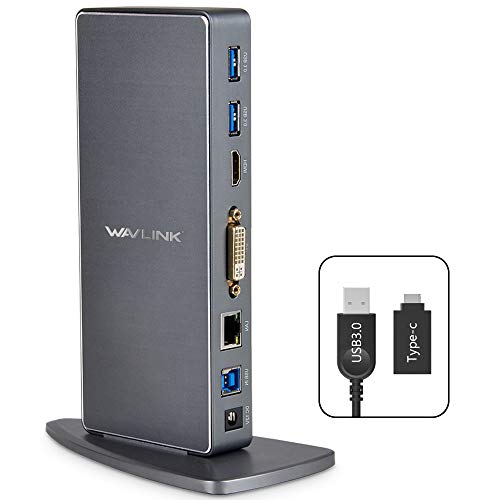 WAVLINK USB 3.0/USB C Universal DockingStation mit Zwei Videoausgängen (HDMI und HDMI, DVI oder VGA) für Laptop / PC oder Mac (Gigabit Ethernet und 6 USB 3.0-Anschlüsse)